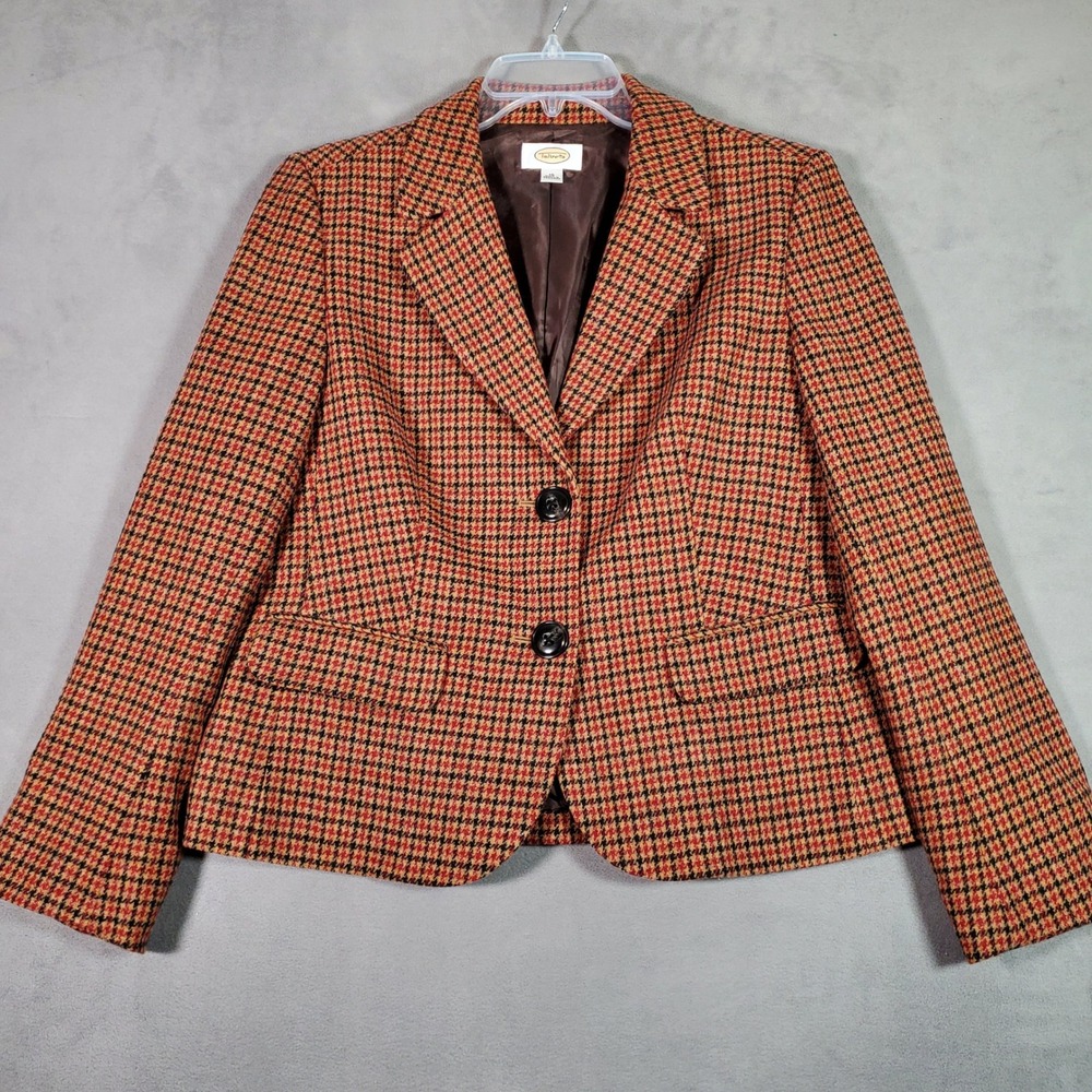 Talbots Blazer Jacket Womens 16 Orange Black Houndstooth Plaid Wool Academia